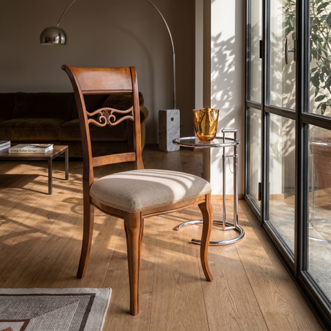 Sedia classica Vittoria in legno massello con seduta imbottita rivestita in tessuto MX Andromeda T15 Tortora, collocata in soggiorno elegante vicino a una finestra con luce naturale, tavolino in metallo e arredi moderni