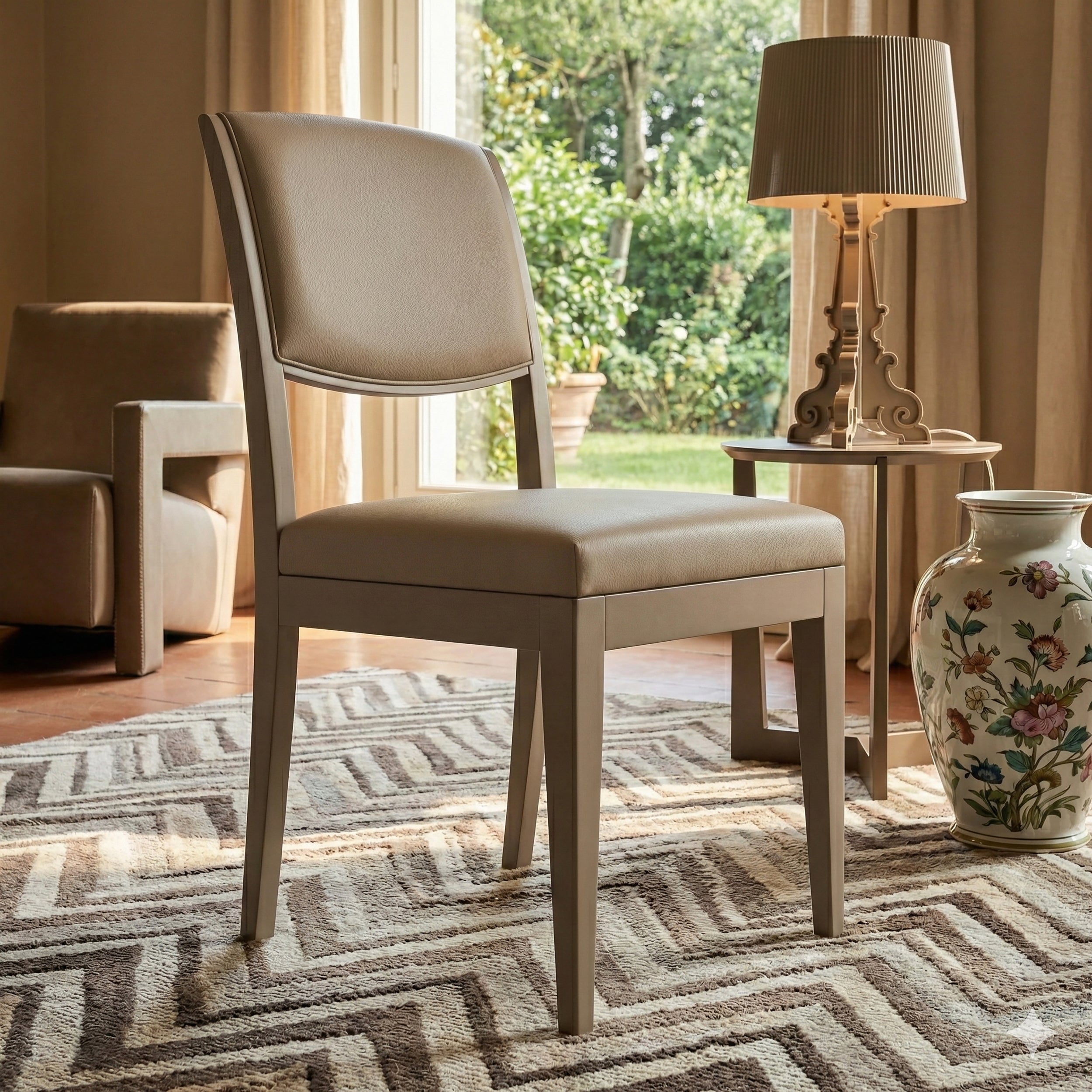 Sedia da pranzo moderna con struttura in legno di noce canaletto Laccato Tortora e rivestimento in pelle Tortora, ambientata in un salotto elegante e luminoso.