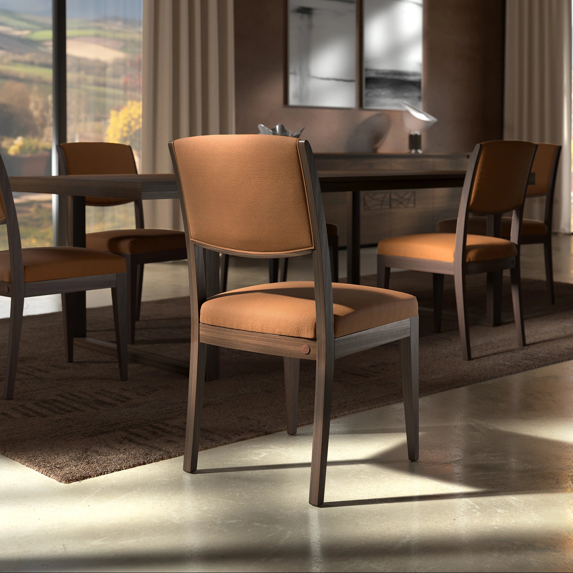 Modern Lacquered Seating Chairs in Genuine Leather and Walnut Wood (Sold in Pairs) Modigliani Piombini Collection 