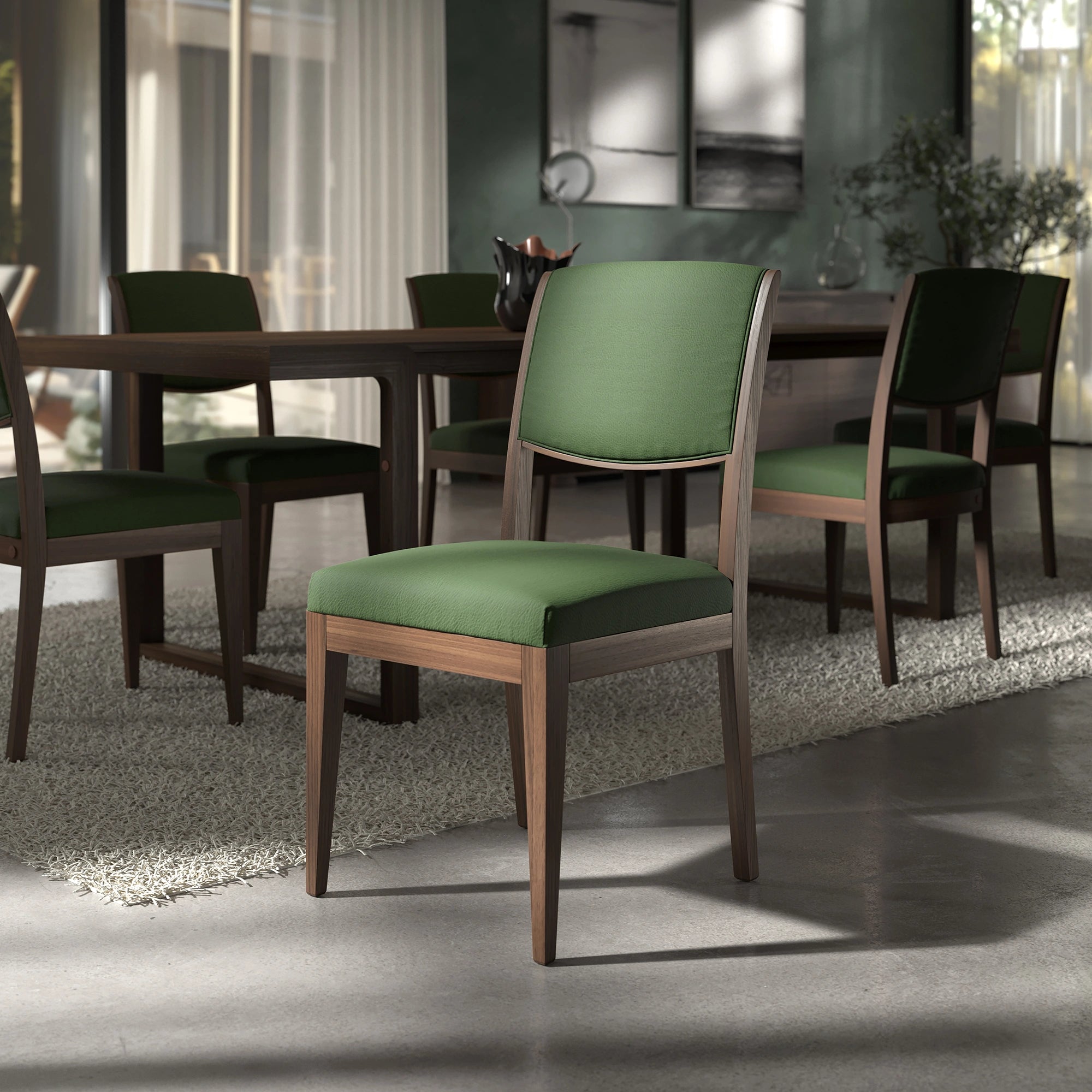Modern Rectangular Table L 240 in Walnut Wood with 6 Modern Chairs in Real Leather Modigliani Piombini Collection