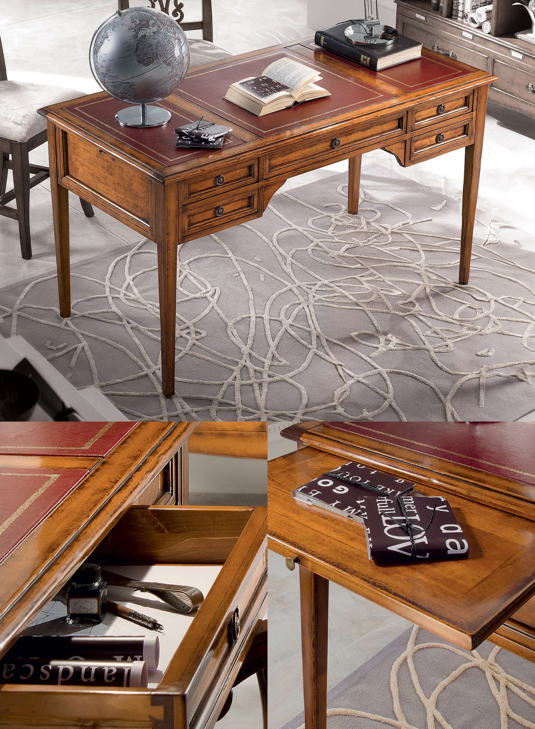 Studio Elegante Tiziano con Scrivania e Poltrona in Vera Pelle e Libreria Vetro D’Este