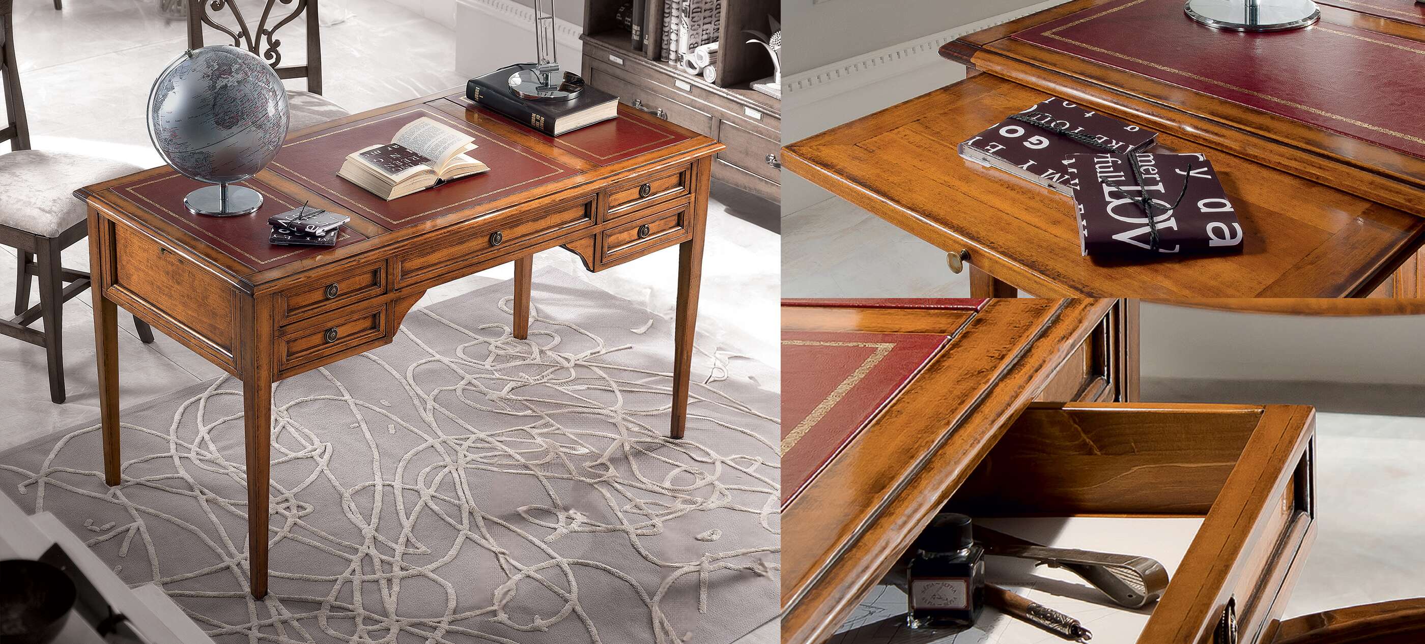 Studio Elegante Tiziano con Scrivania e Poltrona in Vera Pelle e Libreria Vetro D’Este