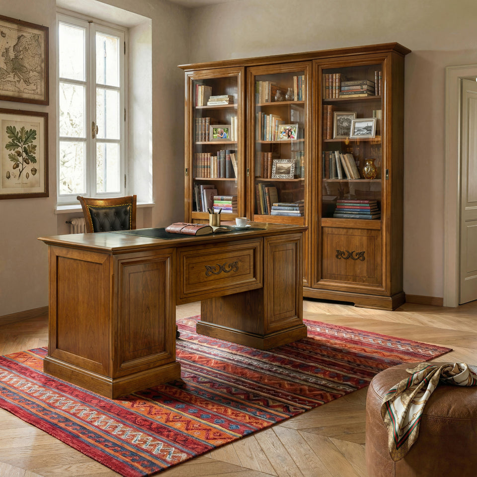Studio D’Este L160-L180 mit Schreibtisch aus echtem Leder, Bücherregal mit drei Schiebetüren und Capitonné-Sessel