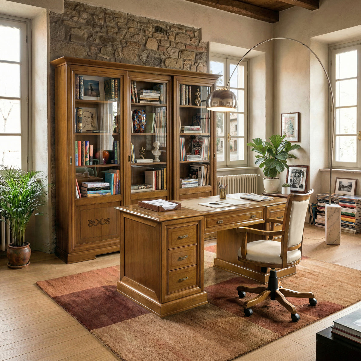 Classic D'Este Study with L178 Desk, Tufted Leather Armchair, and 3-Door Sliding Bookcase