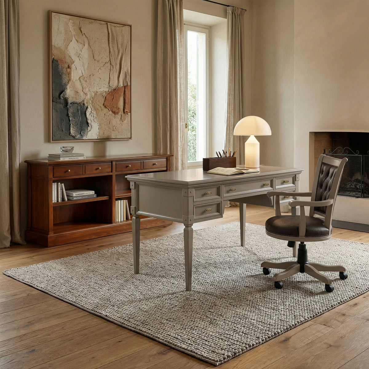 Studio classico Tiziano con scrivania 5 cassetti, poltrona capitonné e libreria Arte Piombini