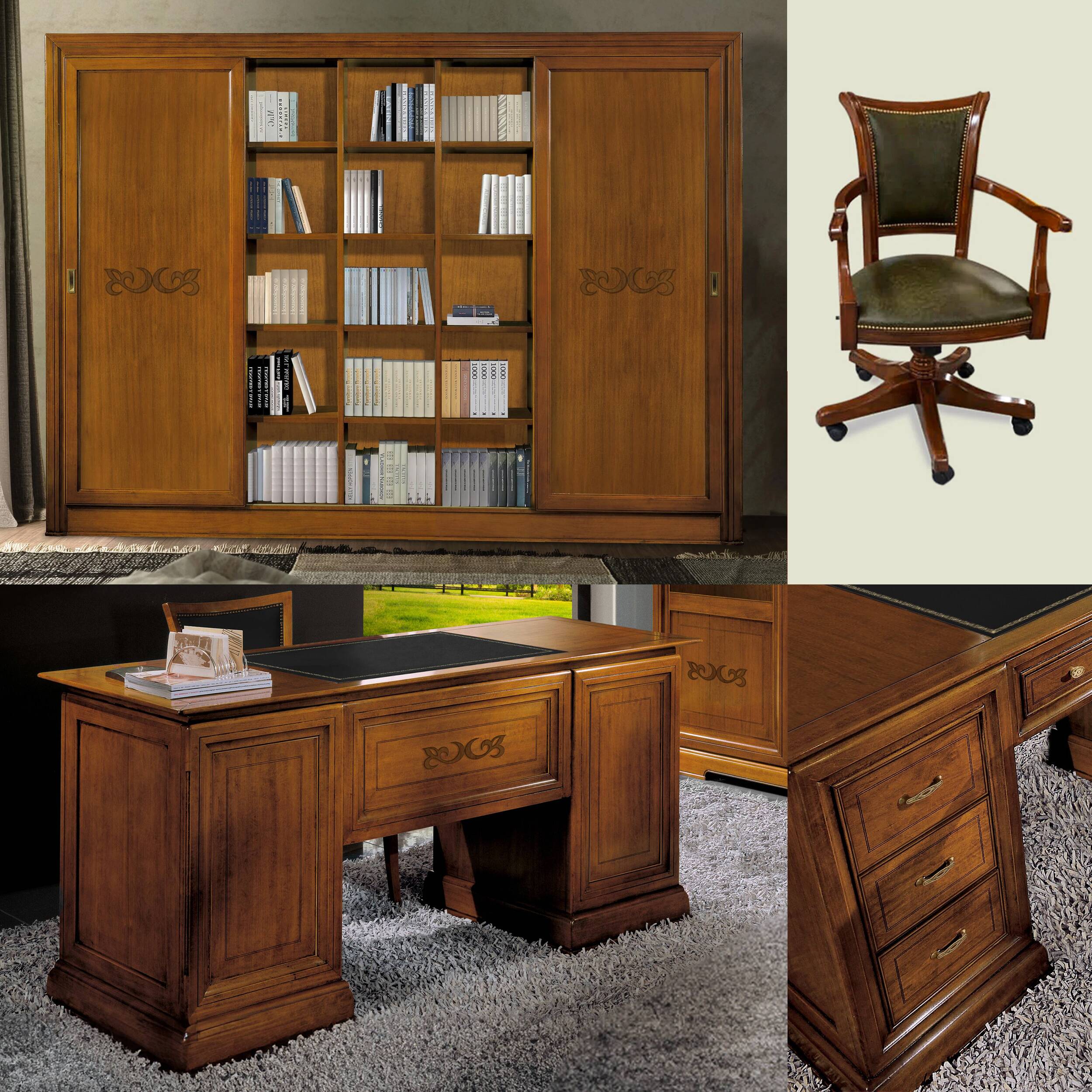 Ambiente elegante e funzionale, lo studio completo STU305 esprime l’anima della tradizione artigianale Piombini. Ogni elemento, dalla scrivania in legno di ciliegio con sette cassetti e piano in Vera Pelle, alla poltrona girevole rivestita in pelle naturale, fino alla grande libreria con ante scorrevoli e decoro Arte D’Este, è concepito per offrire bellezza, prestigio e praticità.

Un insieme armonico, capace di trasformare lo spazio di lavoro in un luogo autentico, personale, raffinato. Perfetto per chi de