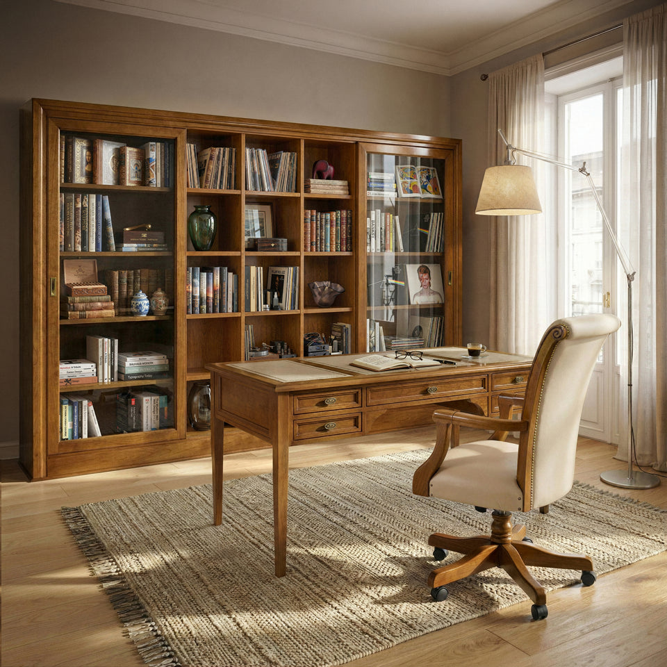 Studio elegante Tiziano con scrivania 5 cassetti in vera pelle Ecrù, poltrona alta con bottoni impuntati e libreria D’Este con ante vetro.
Studio STU311 in finitura GRN14 Bassano Chiaro Anticato con piano e poltrona in vera pelle Siviglia Top Ecrù. La libreria D’Este con ante scorrevoli in vetro alleggerisce la parete, creando un ambiente luminoso ed elegante, ideale per studi professionali e home office di rappresentanza.