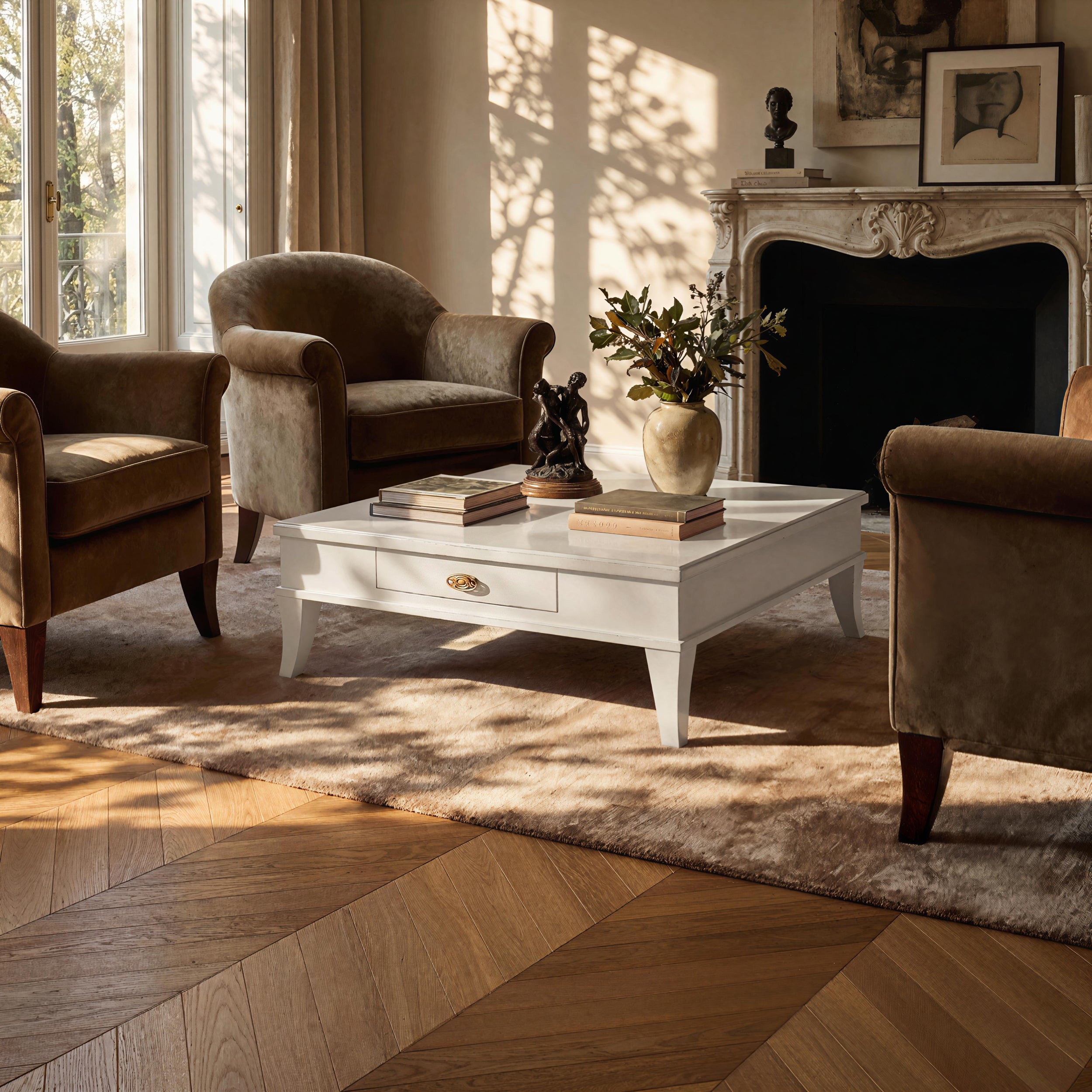 Tavolino Quadrato Classico Laccato Bianco un Cassetto Arte Tiziano Piombini RH932