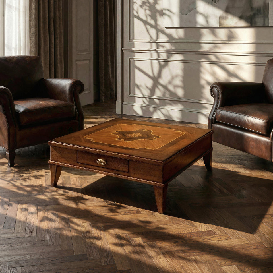 Table basse carrée classique marquetée, un tiroir, Arte Tiziano Piombini RH932