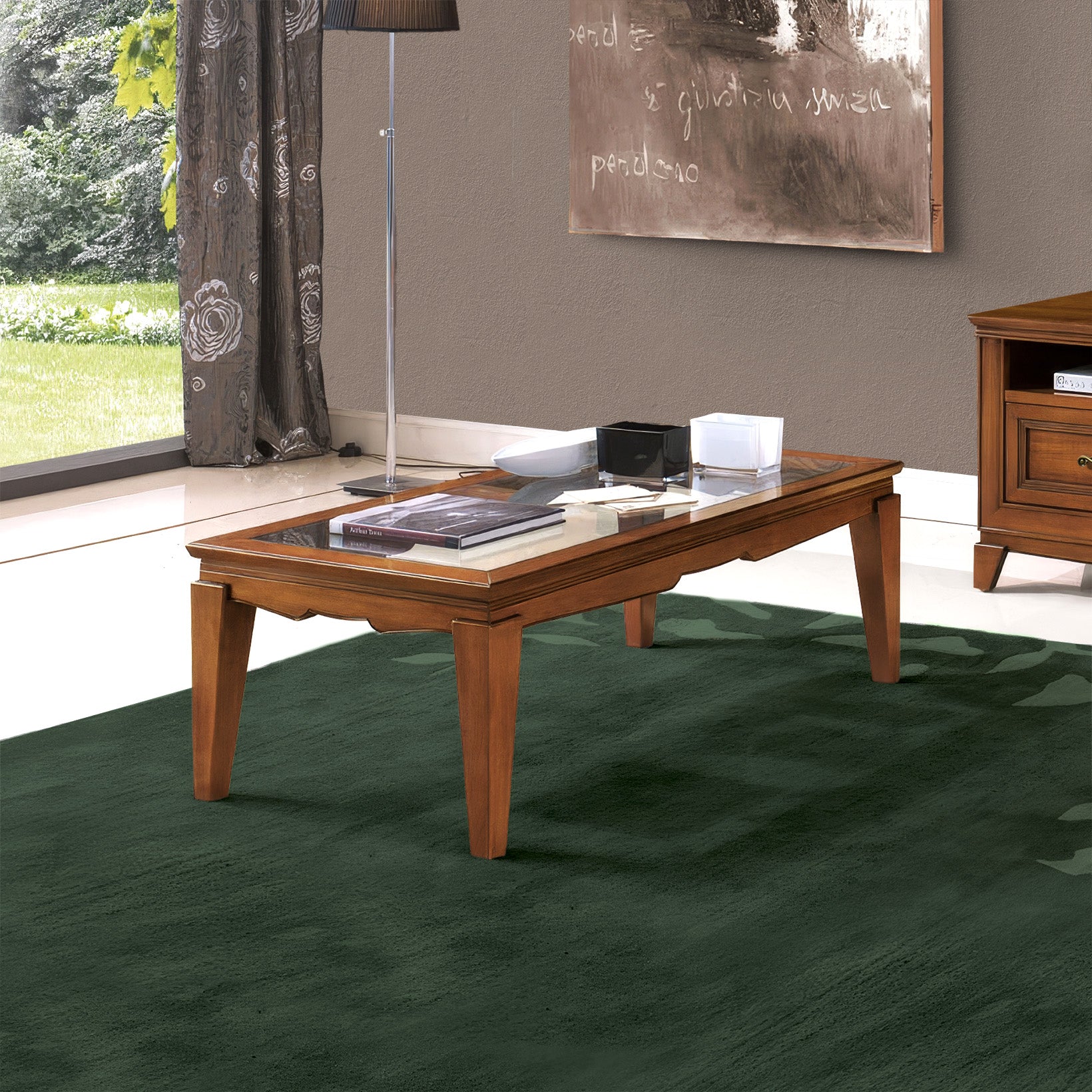 Classic Rectangular Coffee Table L 115 in Cherry Finish and Glass Arte D'Este Piombini Collection