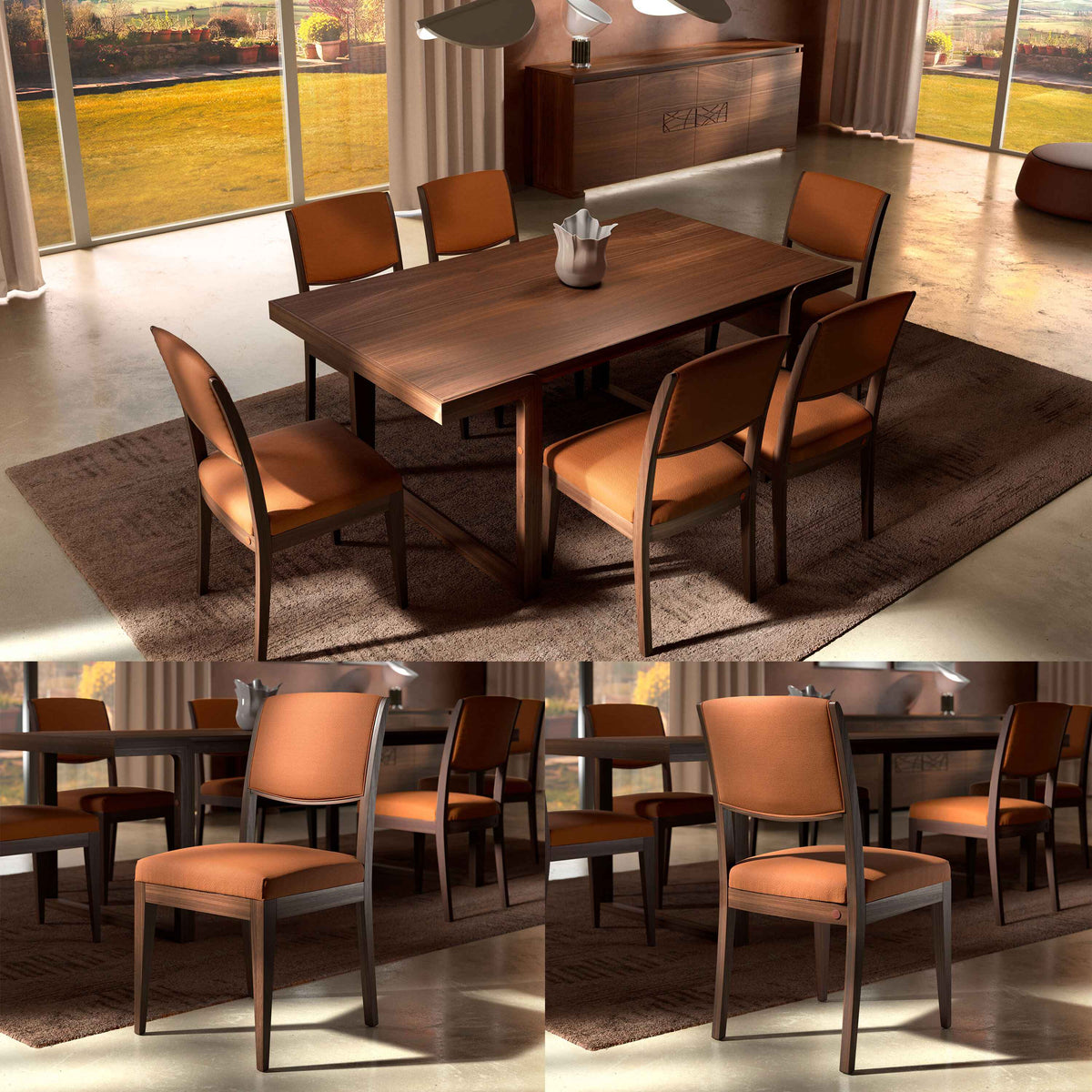 Tavolo Rettangolare L 180 Moderno in Legno Noce con 6 Sedie Moderne in Vera Pelle Collezione Modigliani Piombini