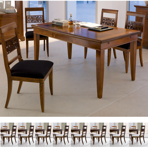 Klassischer ausziehbarer rechteckiger Tisch L 180 mit 8 klassischen Stühlen aus Kirschholz und echtem Leder, Kollektion Arte Piombini