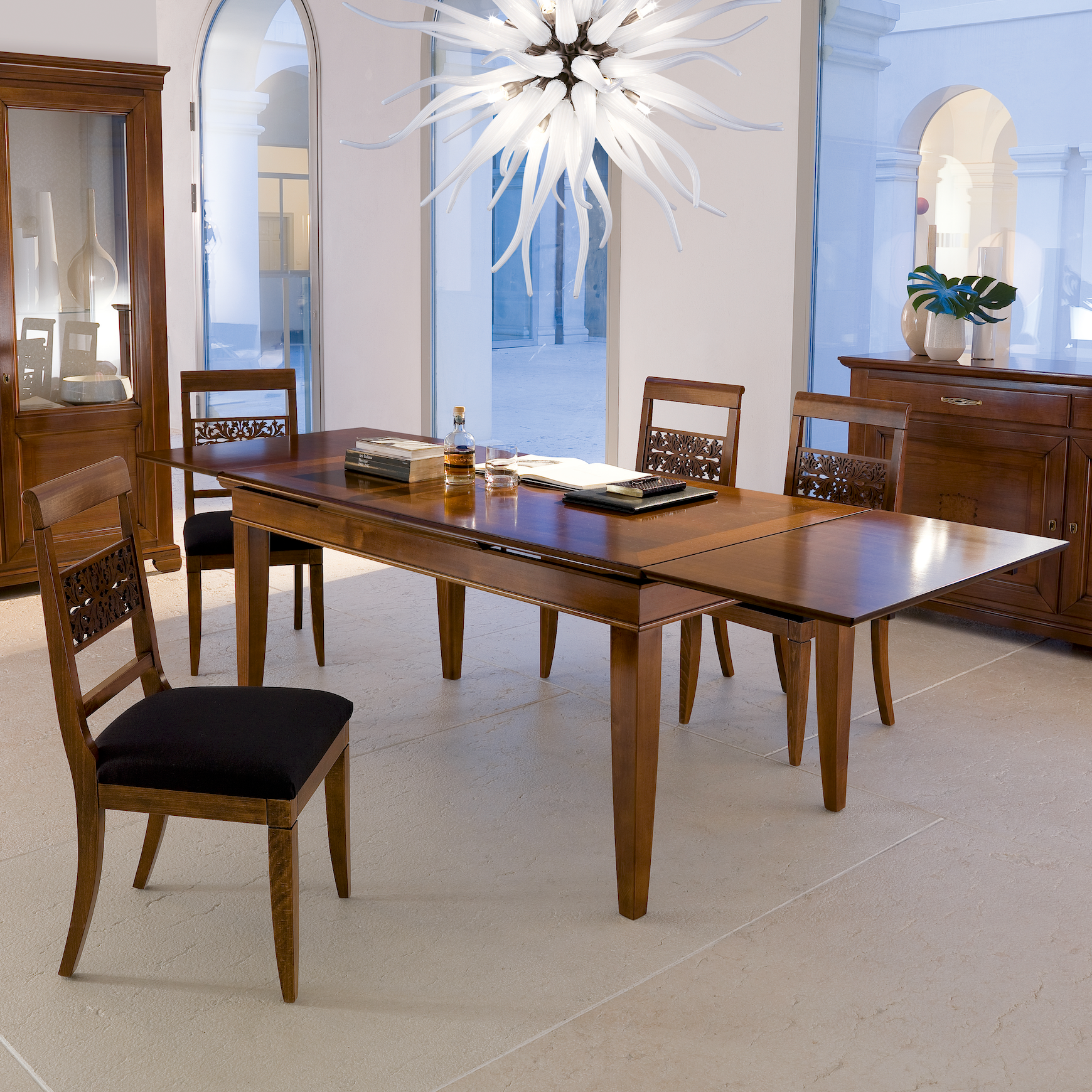 Classic Extendable Rectangular Table L 160 with 4 Classic Chairs in Cherry Wood and Real Leather Arte Piombini Collection