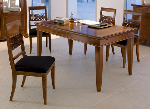 Klassischer ausziehbarer rechteckiger Tisch L 180 mit 8 klassischen Stühlen aus Kirschholz und echtem Leder, Kollektion Arte Piombini