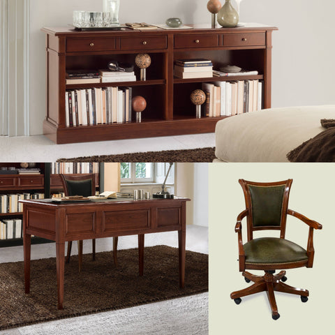 Studio classico completo composto da scrivania con piano in vera pelle, poltrona girevole in pelle e libreria bassa in legno. Armonia, stile e artigianalità firmati Collezione Arte Piombini.