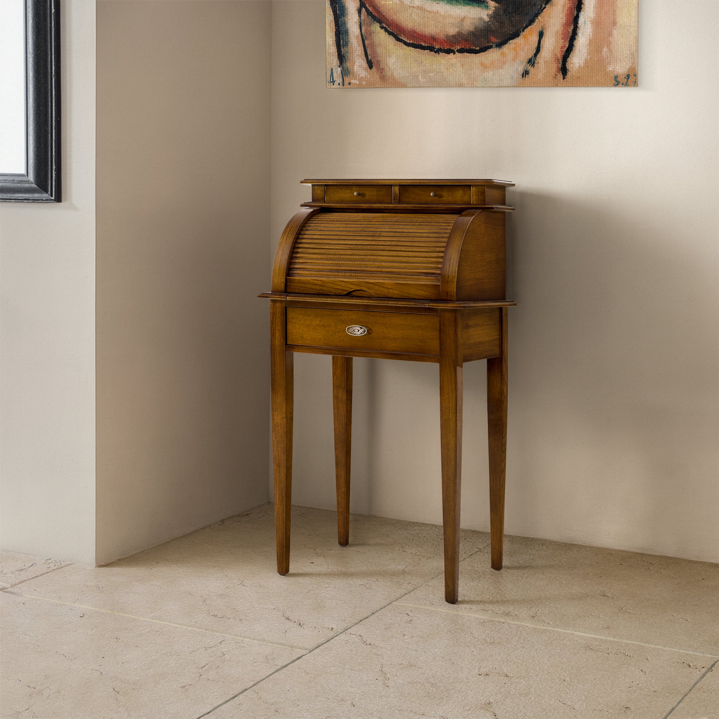 Bureau piccolo classico in legno di noce con serrandina e piano estraibile, Collezione Tiziano, artigianale Piombini – RH781