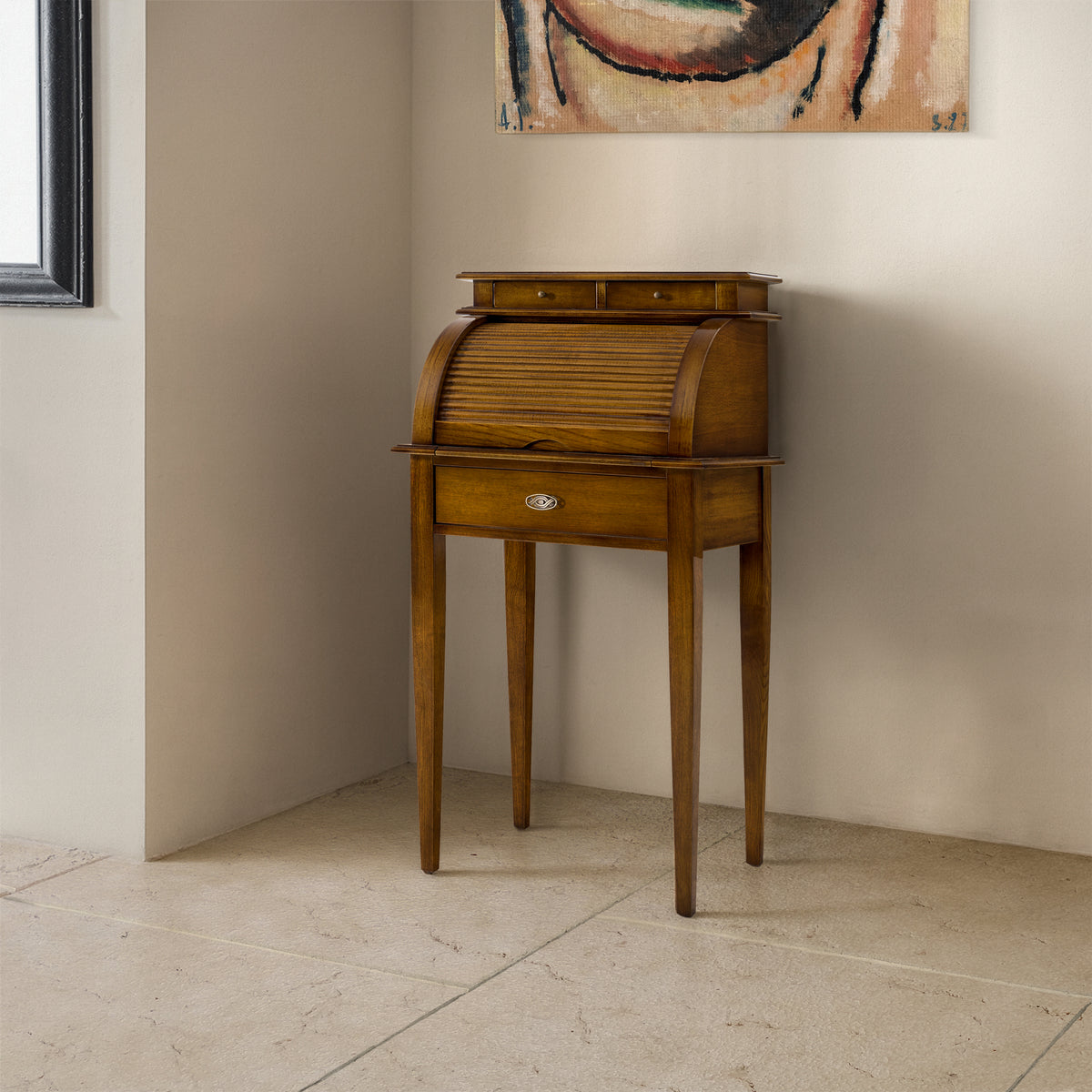 Bureau piccolo classico in legno di noce con serrandina e piano estraibile, Collezione Tiziano, artigianale Piombini – RH781