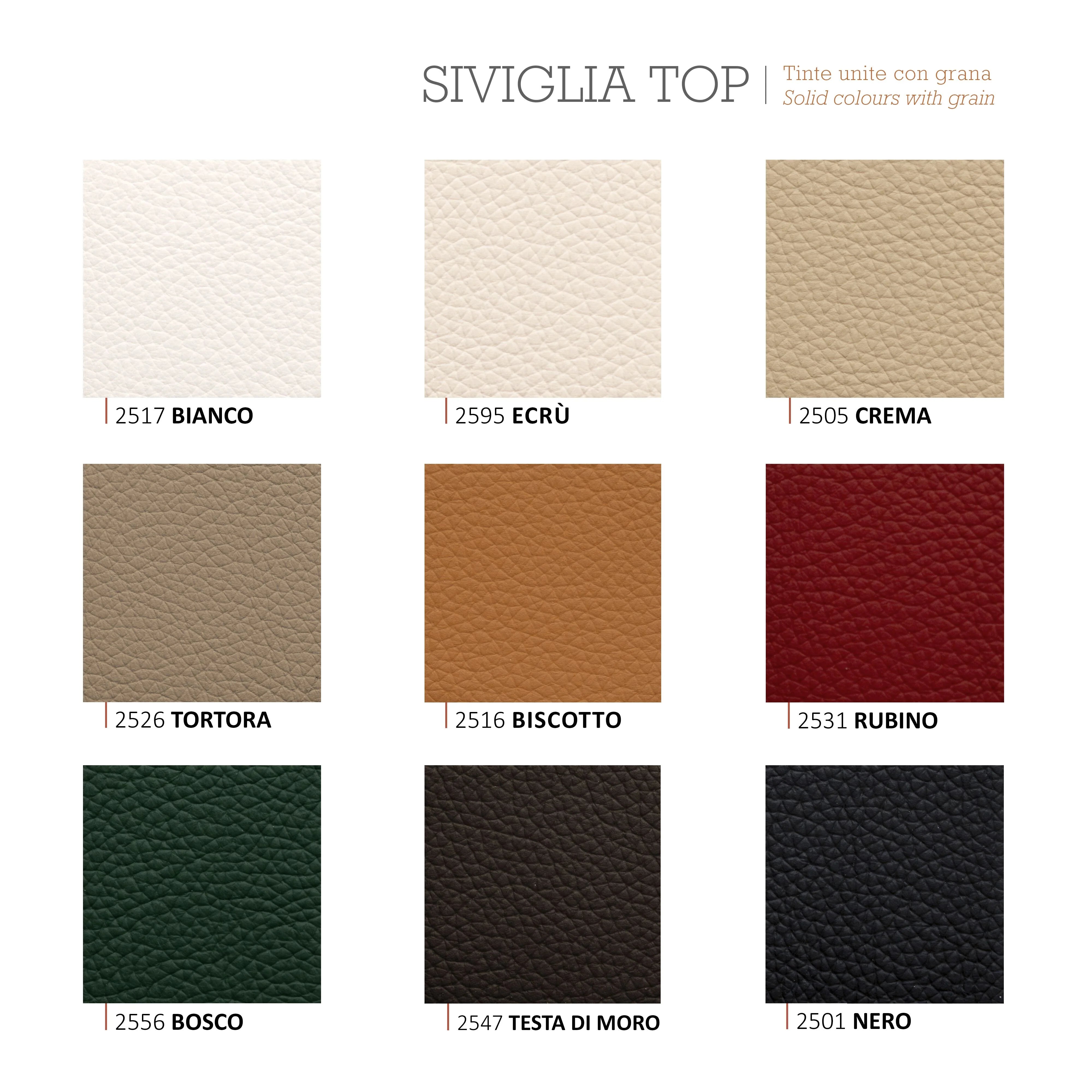 Campionario delle finiture in vera pelle Siviglia Top Piombini con varianti colore Bianco, Ecrù, Crema, Tortora, Biscotto, Rubino, Bosco, Testa di Moro e Nero