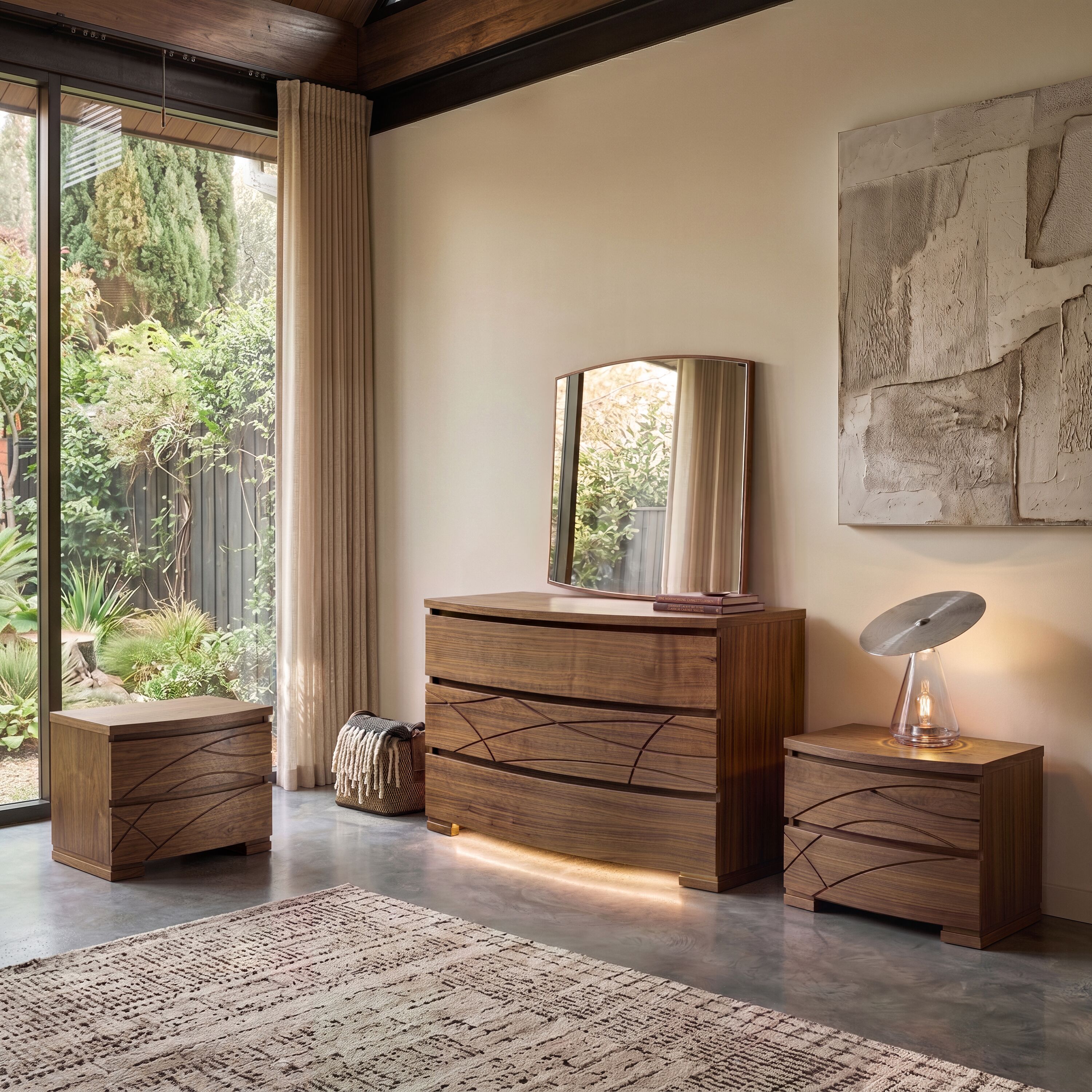 Set completo per camera da letto Piombini della collezione contemporanea Modigliani, codice SKU GRU05, composto da comò (SKU 8270D), specchiera (SKU 8275) e coppia di comodini (SKU 8271D) ambientati in una stanza moderna con grande vetrata.