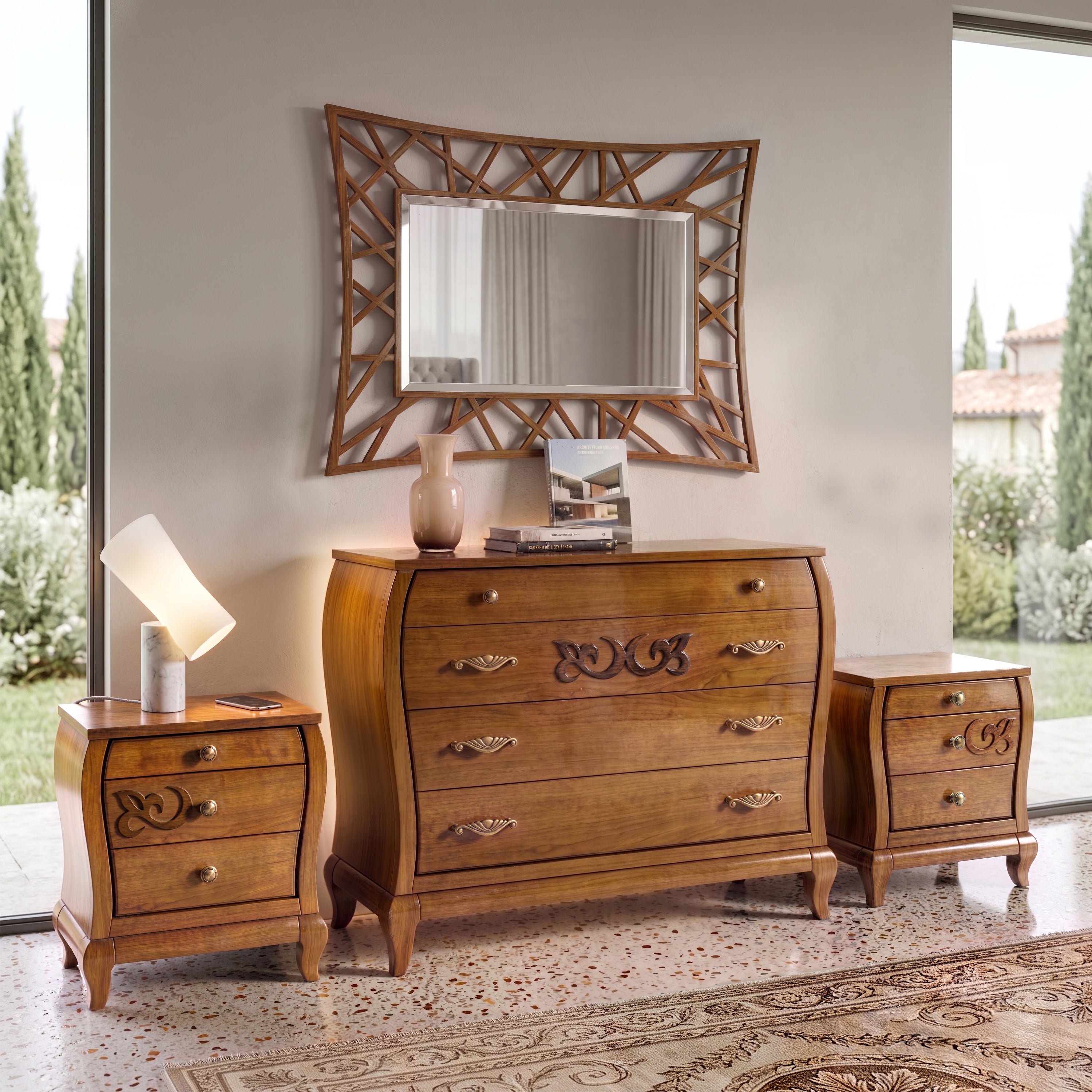 Camera da letto classica con gruppo comò e comodini Visconti Piombini, specchiera rettangolare traforata e finitura in ciliegio con decori in Noce Canaletto.