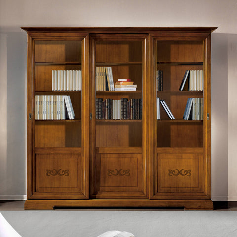 Classic Three-Door Sliding Bookcase With Cherry Decorative Finish Arte D'Este Piombini P1017PMB