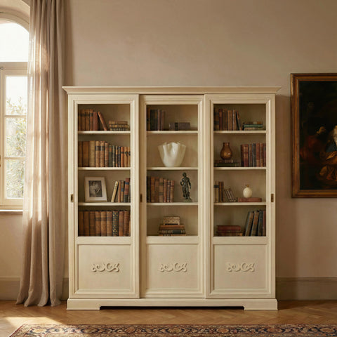 Classic bookcase with three sliding doors and cherry decoration Arte D'Este Piombini P1017PMB