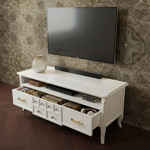 Mobile Porta TV classico con cassetto e vano giorno, firmato Tiziano. Un arredo Piombini che unisce stile intramontabile e funzionalità moderna.