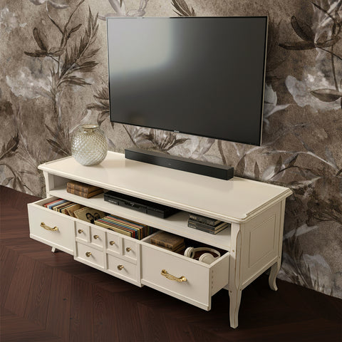 Mobile Porta TV classico con cassetto e vano giorno, firmato Tiziano. Un arredo Piombini che unisce stile intramontabile e funzionalità moderna.