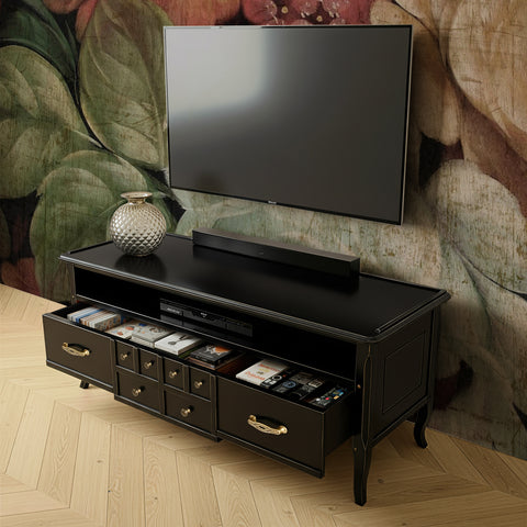 Mobile Porta TV classico con cassetto e vano giorno, firmato Tiziano. Un arredo Piombini che unisce stile intramontabile e funzionalità moderna.