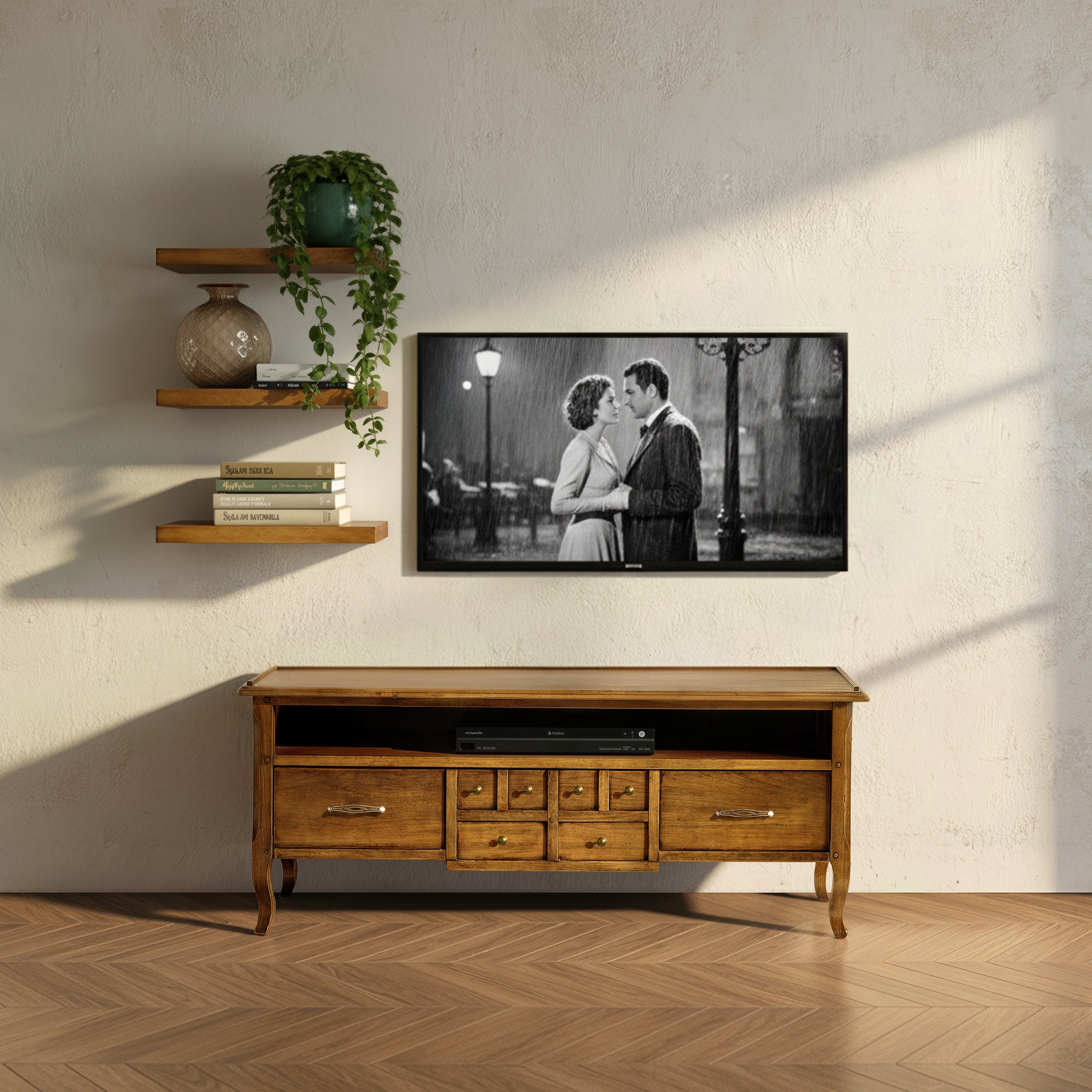 Porta TV classico con cassetto, vano giorno e mensole a parete. Un arredo Tiziano firmato Piombini che unisce artigianato italiano, eleganza e funzionalità senza tempo.