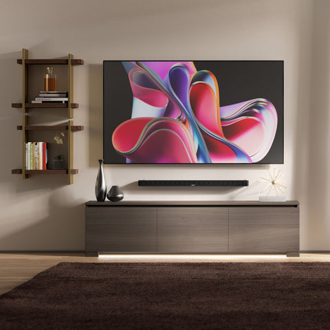Mobile TV 3 porte grande Modigliani in finitura Cenere con ante lisce, apertura a gola e luce LED integrata