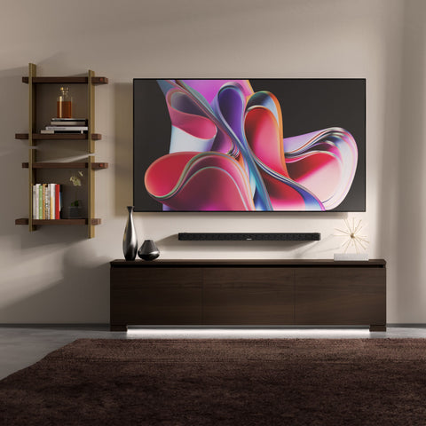 Mobile TV 3 porte grande Modigliani in finitura Moka con ante lisce, apertura a gola e luce LED integrata