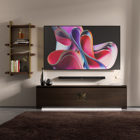Mobile TV 3 porte grande Modigliani in finitura Moka con marmo Port Saint Laurent, apertura a gola e luce LED integrata