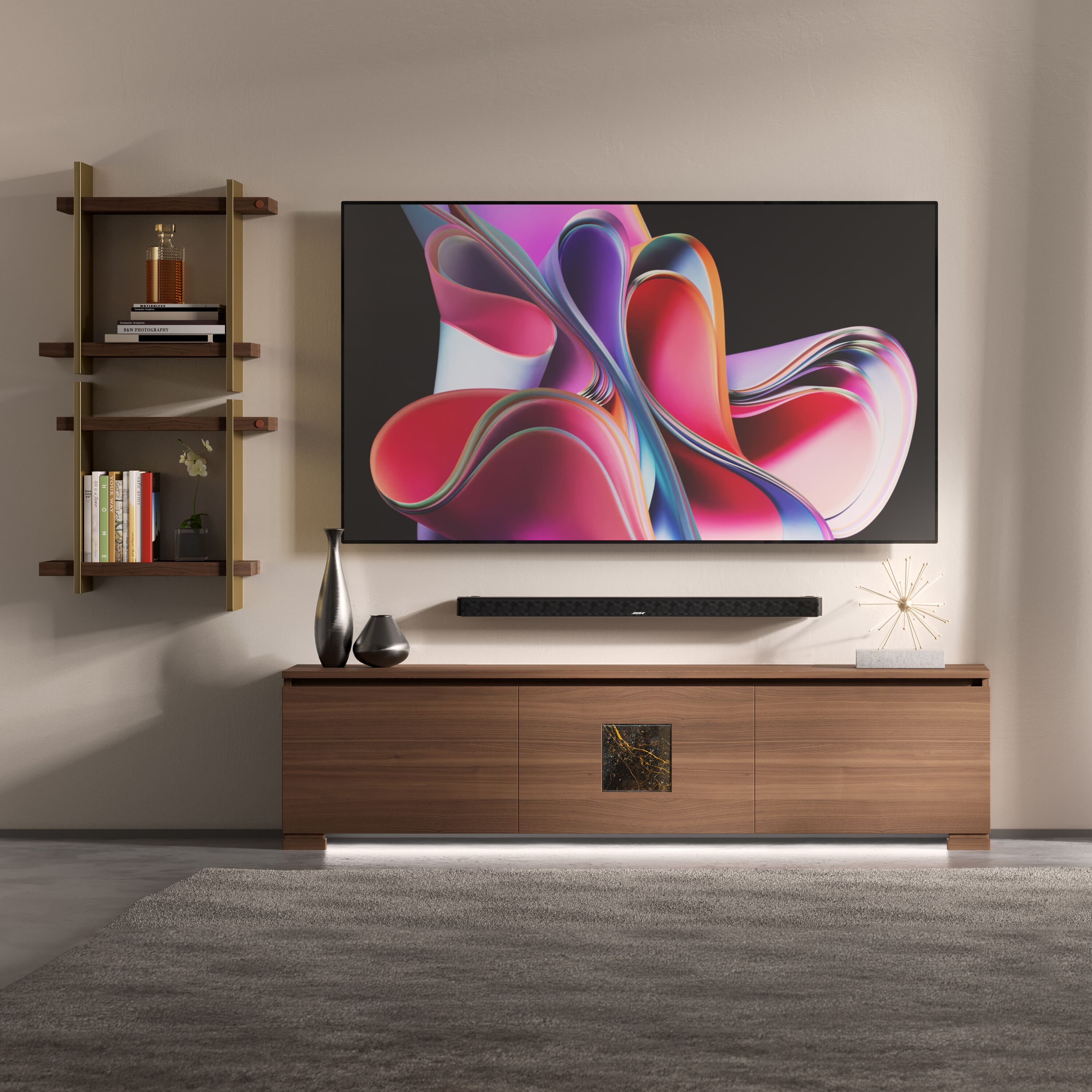 le TV contemporaneo 3 porte grande Modigliani in Noce Canaletto con marmo Port Saint Laurent e luce LED