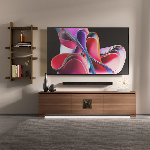 le TV contemporaneo 3 porte grande Modigliani in Noce Canaletto con marmo Port Saint Laurent e luce LED