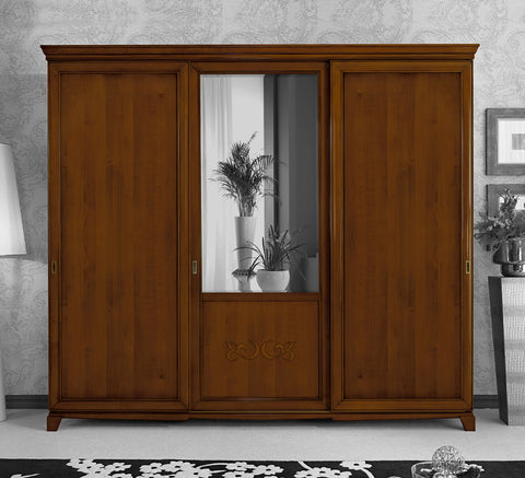 Classic wooden storage wardrobe with feet, 3 sliding doors with decorative motif and bevelled mirror, Arte D’Este collection Piombini Mobili Classici Italiani P3116K L.284-P3117K L.246