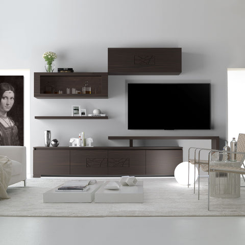 Moderne Wohnwand Modigliani Piombini in dunkler Walnussoptik mit geformtem Sockel, Hängeschränken und handwerklicher Comete-Dekoration