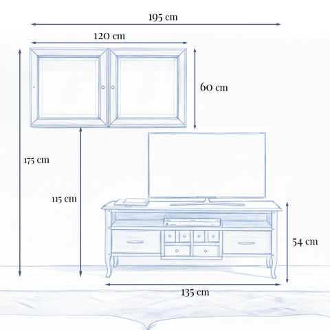 Composizione Porta TV Tiziano con base e pensile vetrina due ante in vetro molato. Un arredo Piombini che racconta l’eleganza classica e il valore autentico dell’artigianato italiano.