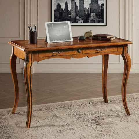 Scrivania classica Tiziano RH052 con piano parquet intarsiato, cassetti, gambe sagomate e lavorazione artigianale italiana Piombini, ideale per studio e ufficio di rappresentanza.