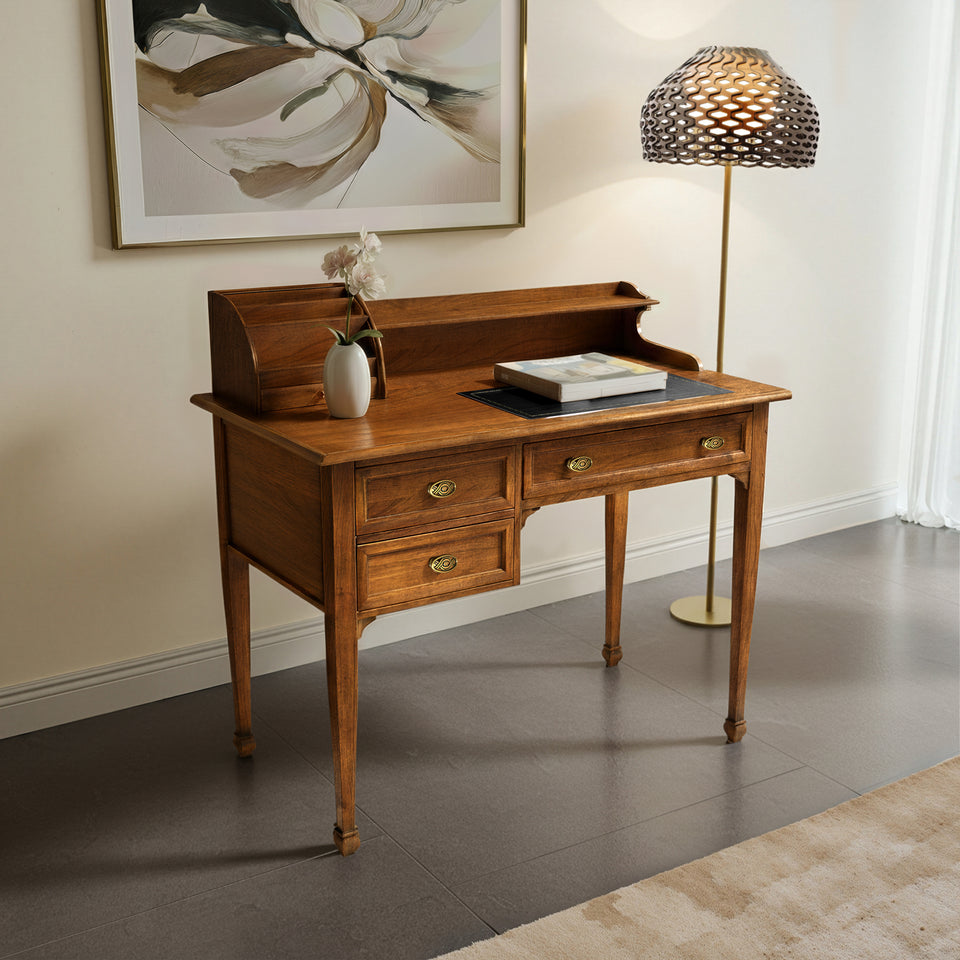 Petit bureau classique en bois de noyer avec rehausse, trois tiroirs à queue d’aronde et plateau en cuir véritable avec frise dorée – Tiziano RH630