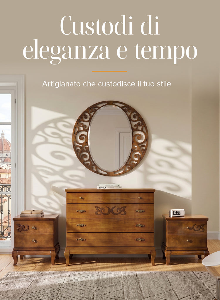 Banner mobile verticale per i gruppi notte artigianali Piombini. Inquadratura simmetrica del comò classico in ciliegio con specchiera intagliata e comodini della collezione Arte d'Angiò, posizionati davanti a una finestra aperta sulla Cupola del Brunelleschi a Firenze. Testo sovrapposto: "Custodi di eleganza e tempo. Artigianato che custodisce il tuo stile".