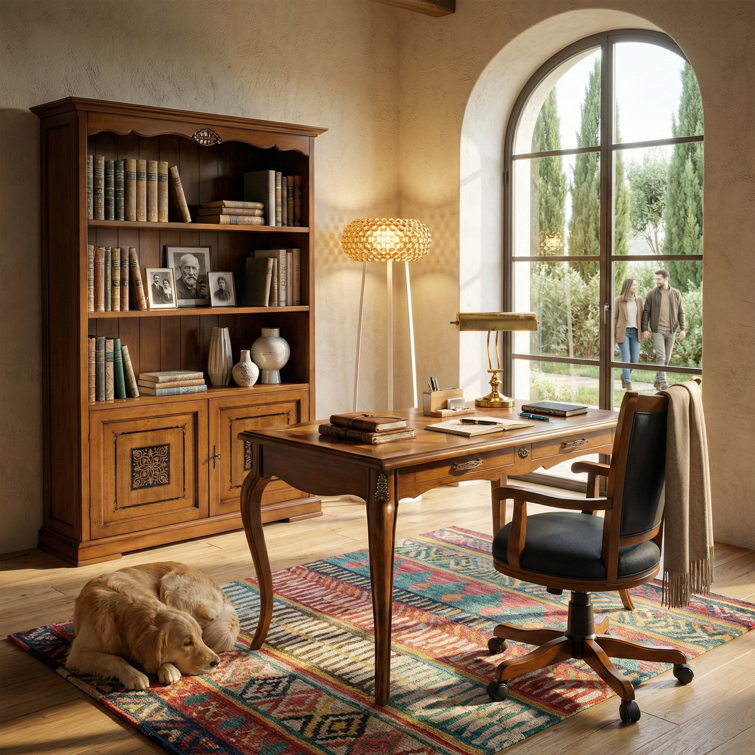 Studio completo classico Piombini con scrivania in legno, libreria due ante con intarsio e poltrona girevole in vera pelle capitonné, ambientato in uno studio elegante nella finitura GRN14 Bassano Chiaro Anticato.