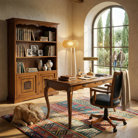 Studio completo classico Piombini con scrivania in legno, libreria due ante con intarsio e poltrona girevole in vera pelle capitonné, ambientato in uno studio elegante nella finitura GRN14 Bassano Chiaro Anticato.