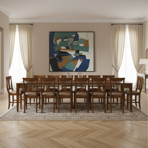 Tavolo da pranzo Piombini Tiziano completamente allungato fino a 300 cm e disposto con 14 sedie, ambientato in una sala elegante e luminosa con tappeto, parquet, tende chiare e grande quadro astratto – RH970